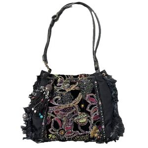 Mary Frances Black Velvet Beaded Embroidered Boho Bucket‎ Shoulder Purse Bag